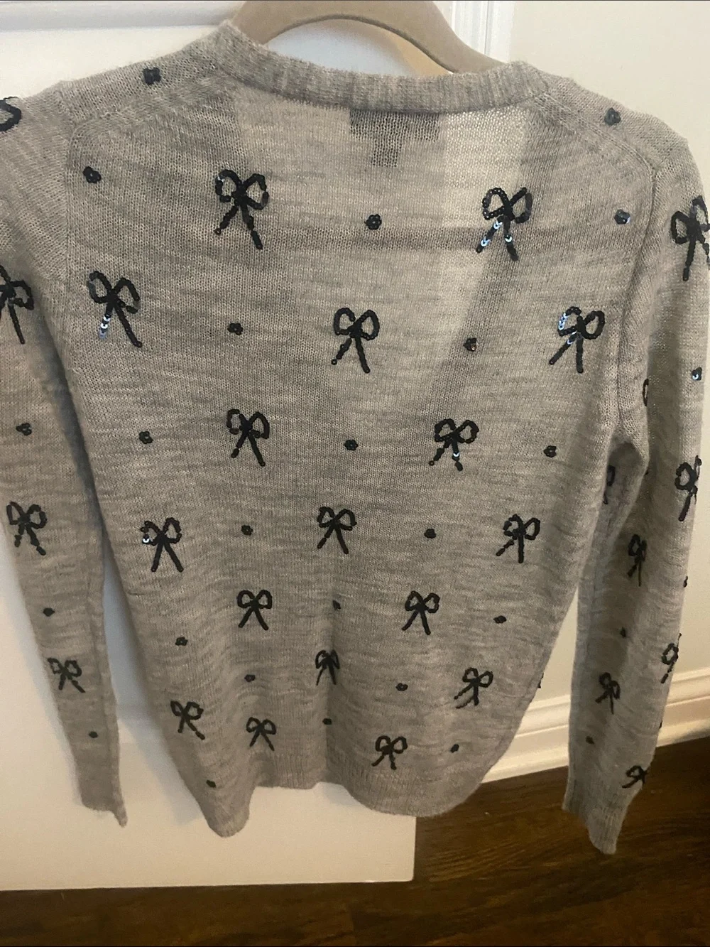 J. Crew Light Gray V-Neck Sequin Bow Cardigan